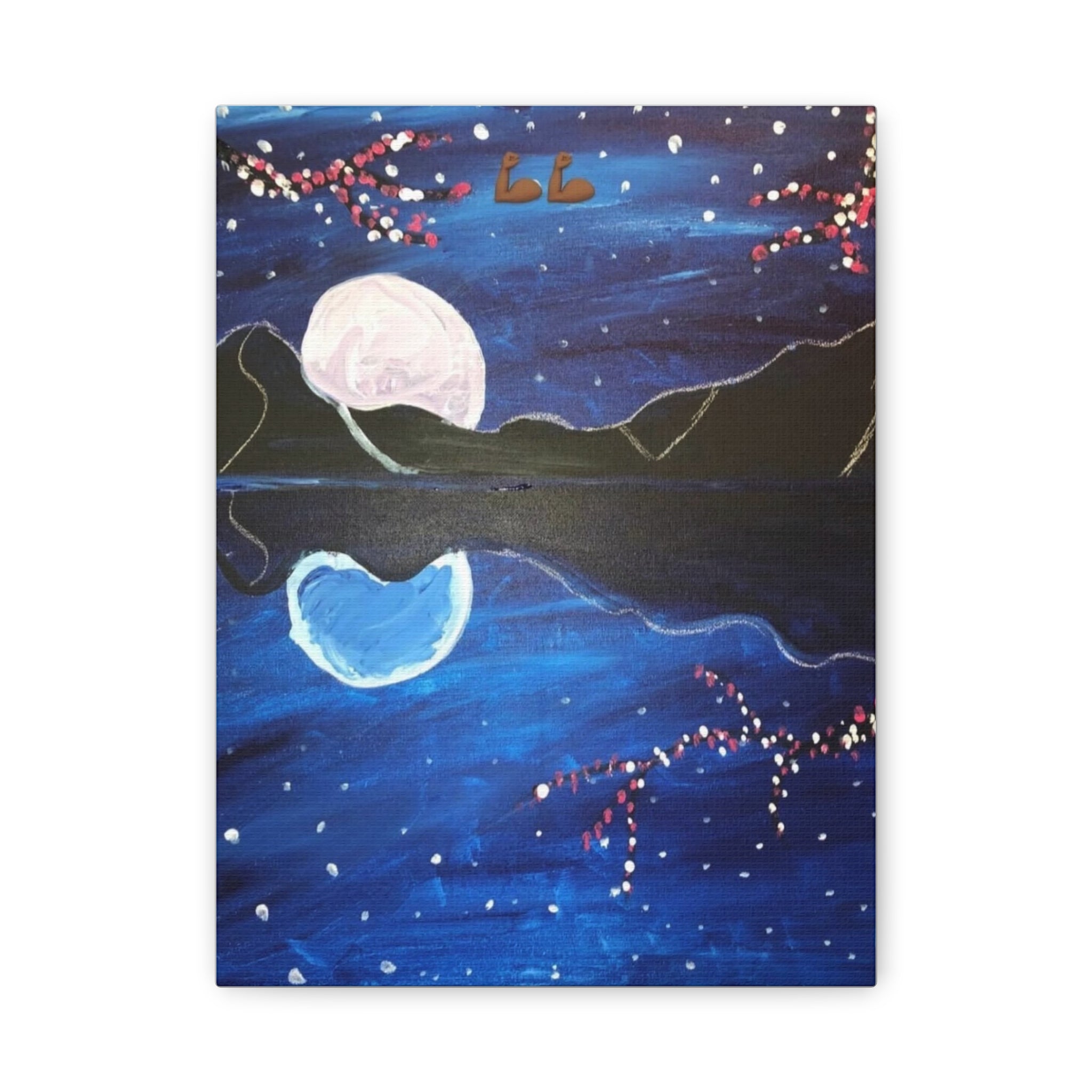 Moon Reflection painting Canvas | Night Sky, Mountains, Cherry Blossoms