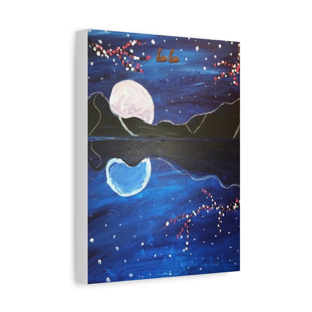Moon Reflection painting Canvas | Night Sky, Mountains, Cherry Blossoms