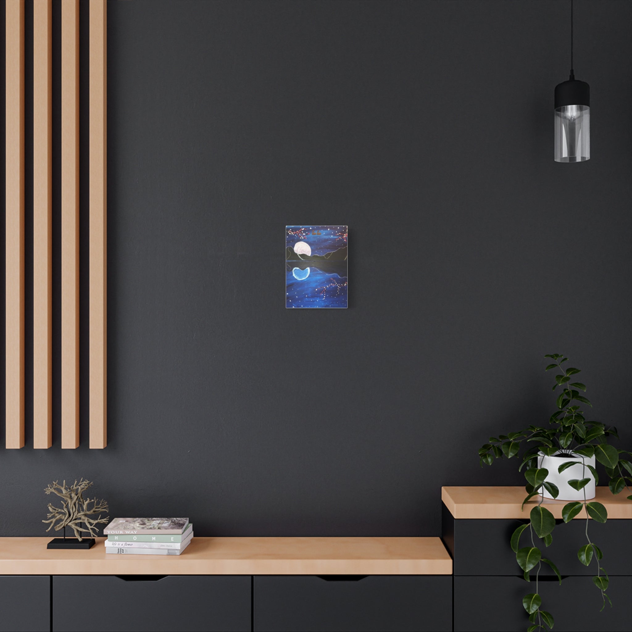 Moon Reflection painting Canvas | Night Sky, Mountains, Cherry Blossoms
