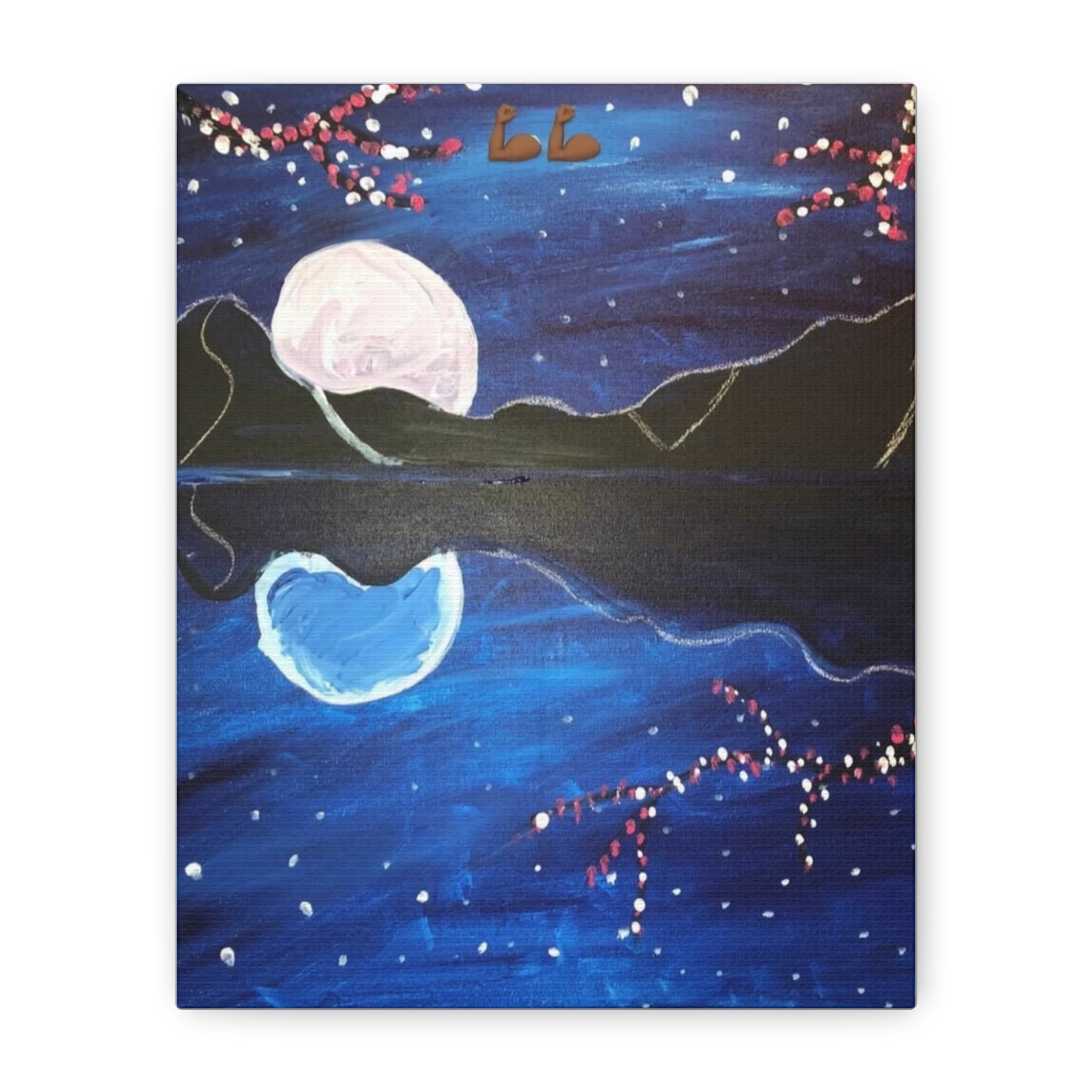 Moon Reflection painting Canvas | Night Sky, Mountains, Cherry Blossoms