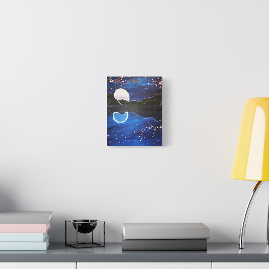 Moon Reflection painting Canvas | Night Sky, Mountains, Cherry Blossoms
