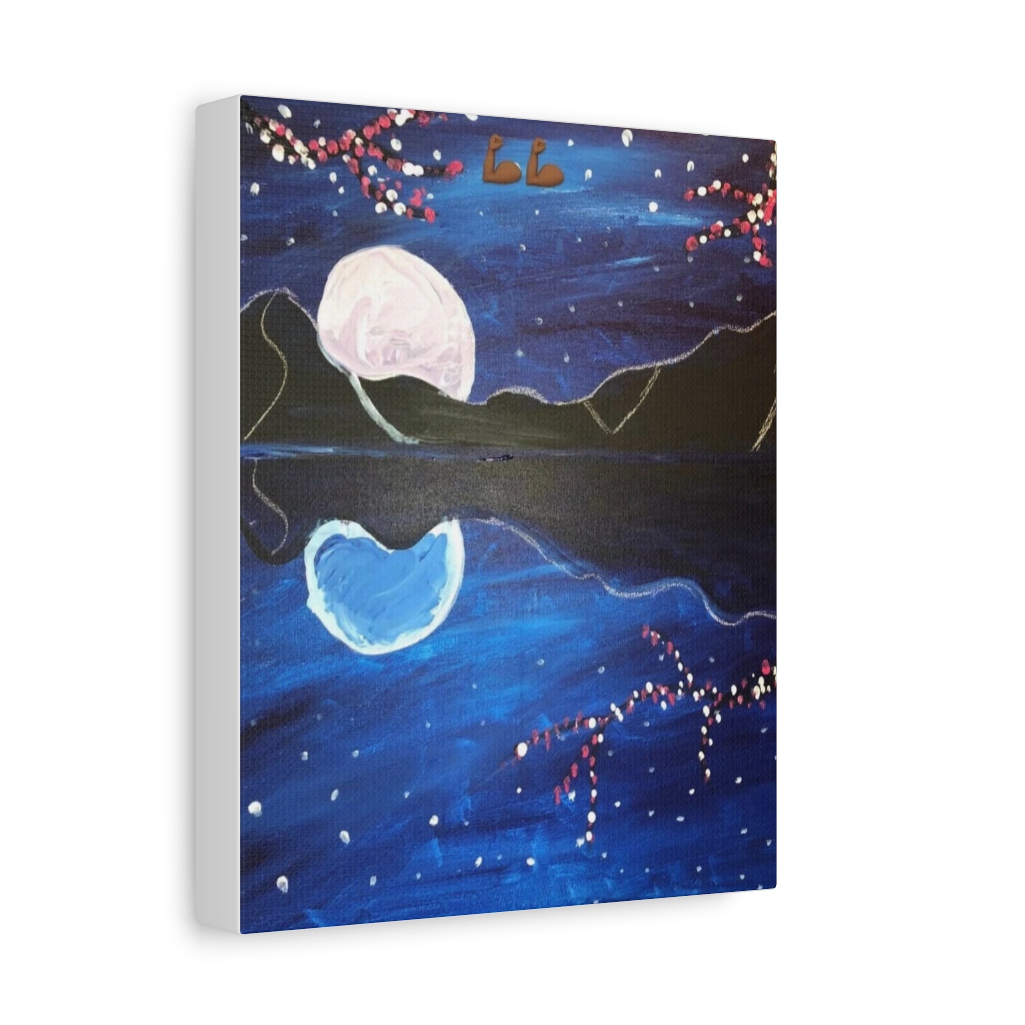 Moon Reflection painting Canvas | Night Sky, Mountains, Cherry Blossoms